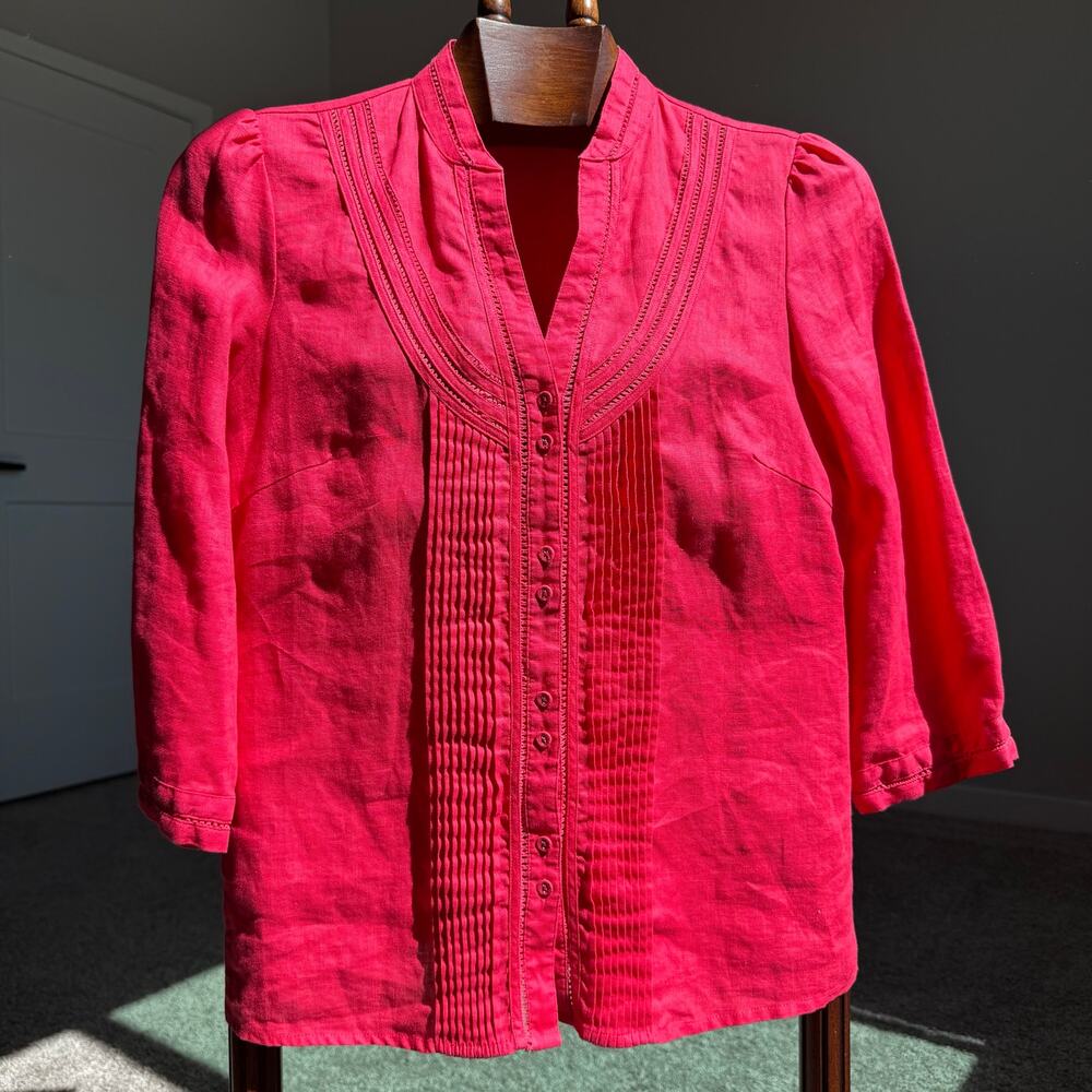 VTG Carole Little 100% Linen Pintuck Blouse M Pink Boho Peasant Top 3/4 Sleeve